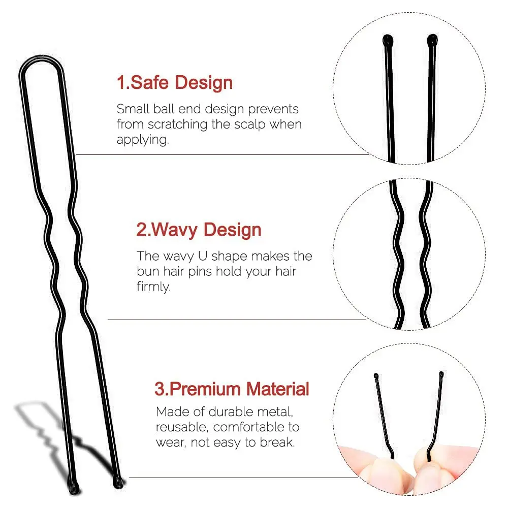 This set features 120 black U-shaped hair pins perfect for creating buns and other up-dos for weddings, parties, or everyday use, all neatly organized in a clear storage box.