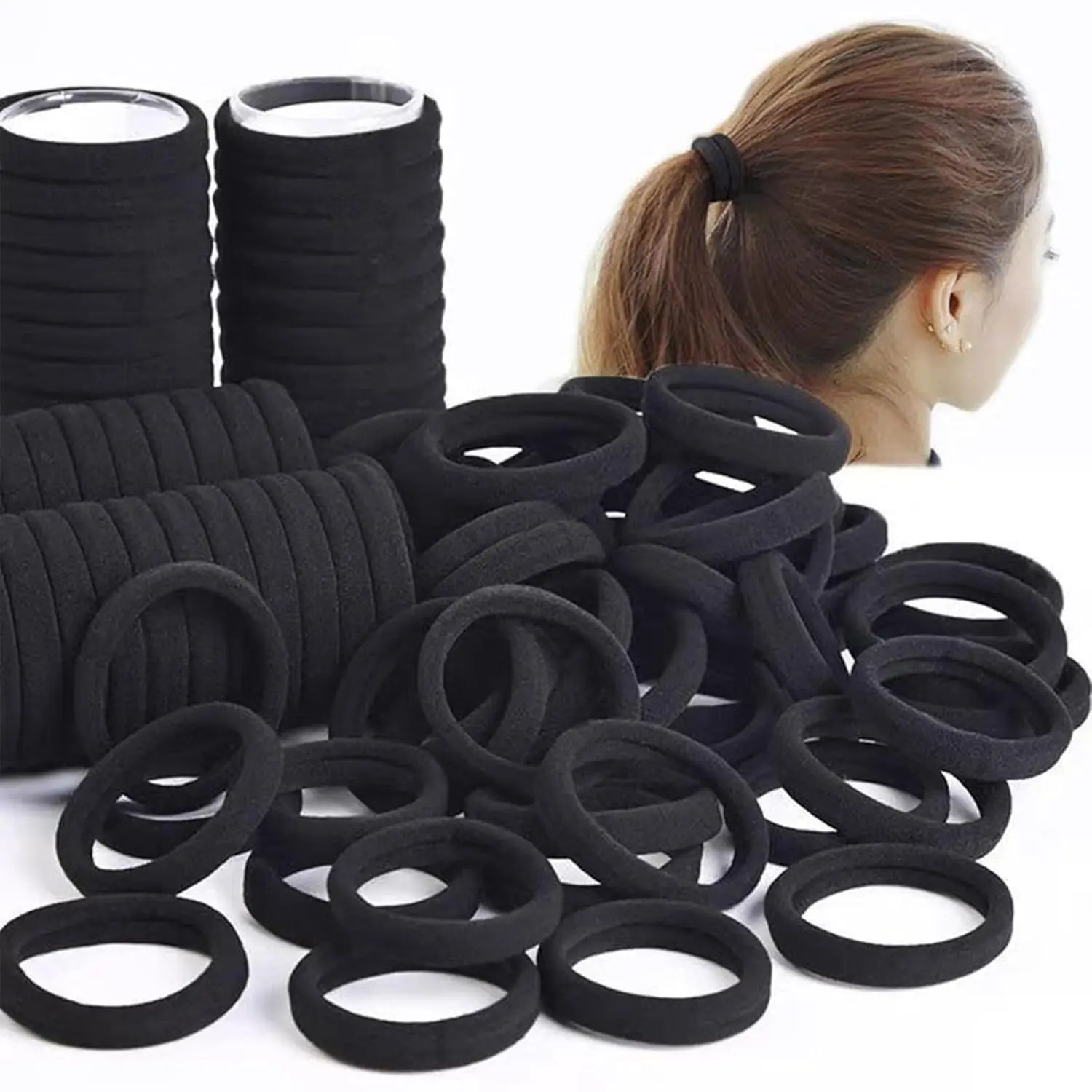 This image displays a collection of 200 black elastic hair ties in two sizes, perfect for creating various hairstyles for women and girls at home, in the gym, while traveling, or in a salon.