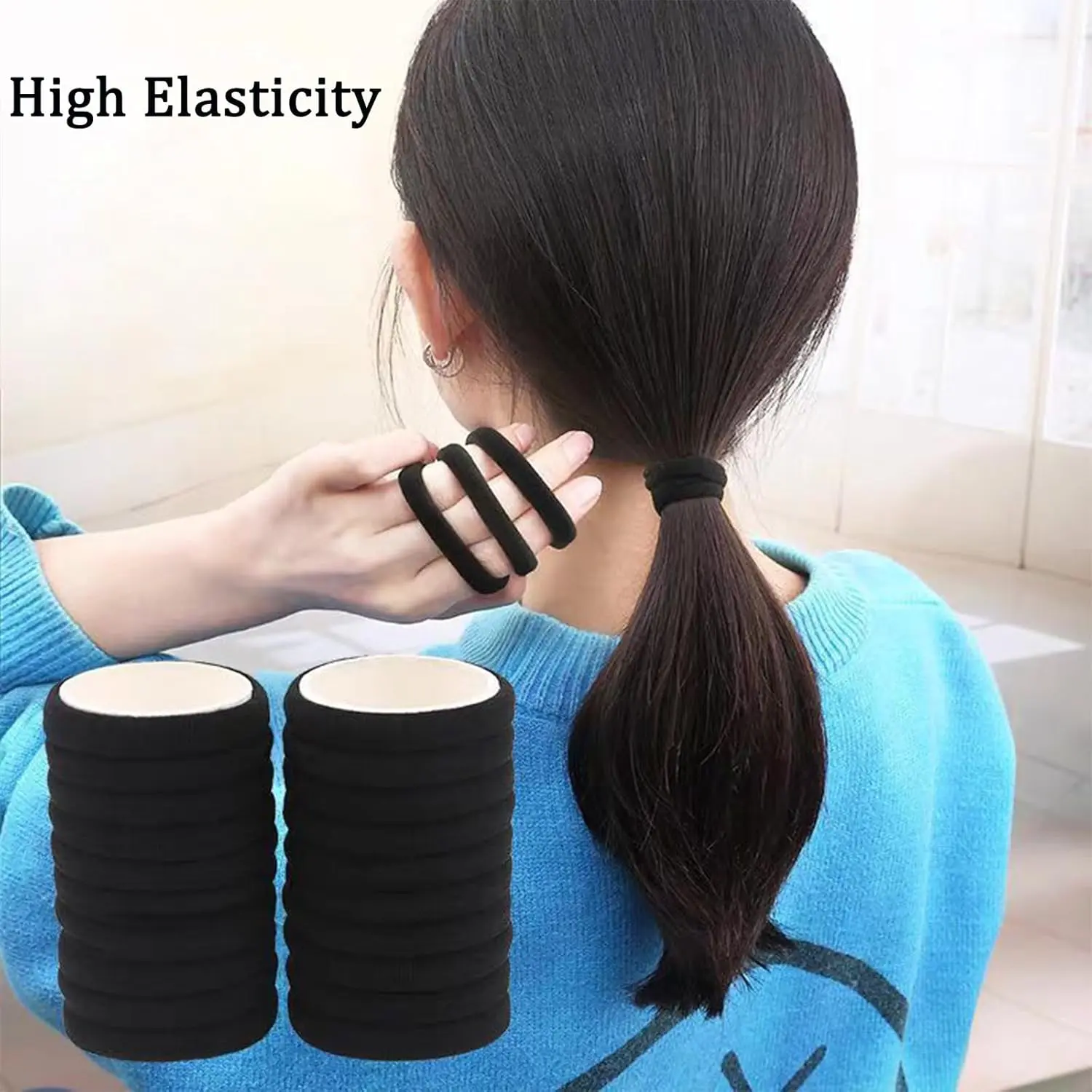This image displays a collection of 200 black elastic hair ties in two sizes, perfect for creating various hairstyles for women and girls at home, in the gym, while traveling, or in a salon.