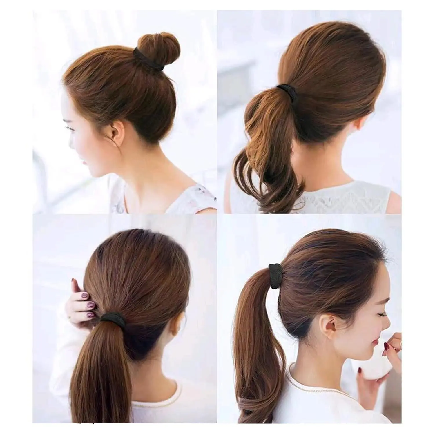 This image displays a collection of 200 black elastic hair ties in two sizes, perfect for creating various hairstyles for women and girls at home, in the gym, while traveling, or in a salon.