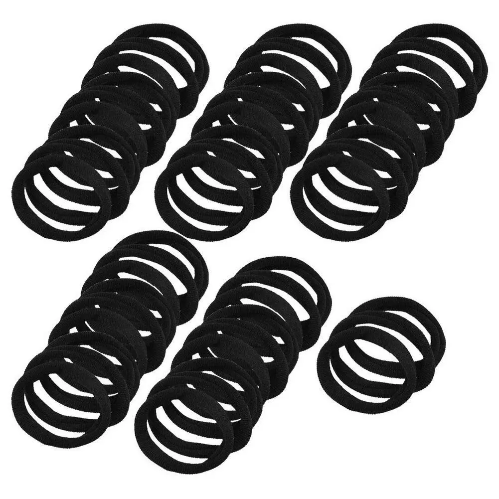 A bulk pack of 100 black seamless hair ties perfect for thick, curly, straight, or thin hair, suitable for toddlers, girls, and kids.