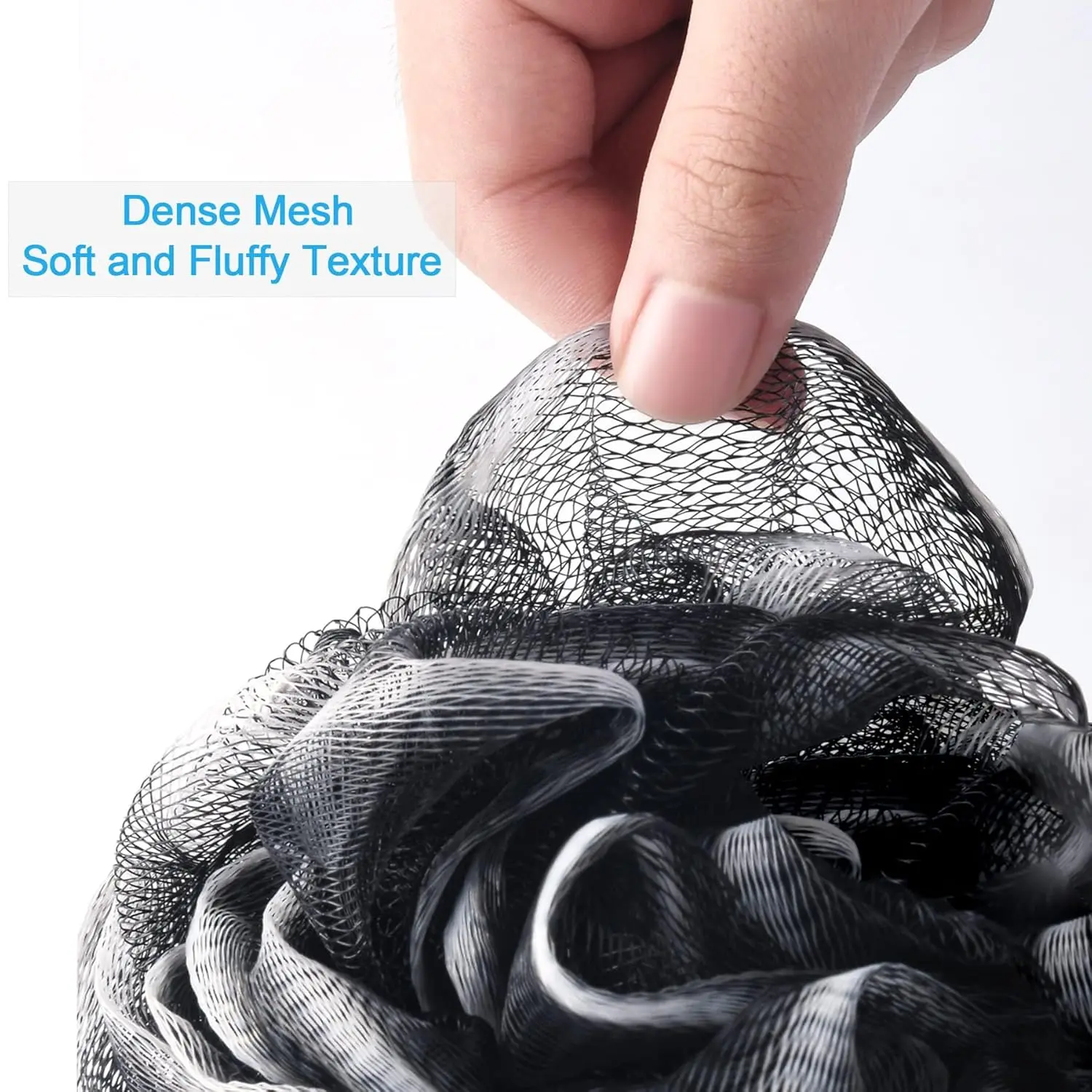 A black exfoliating loofah sponge for use as a body scrubber in the bath or shower.