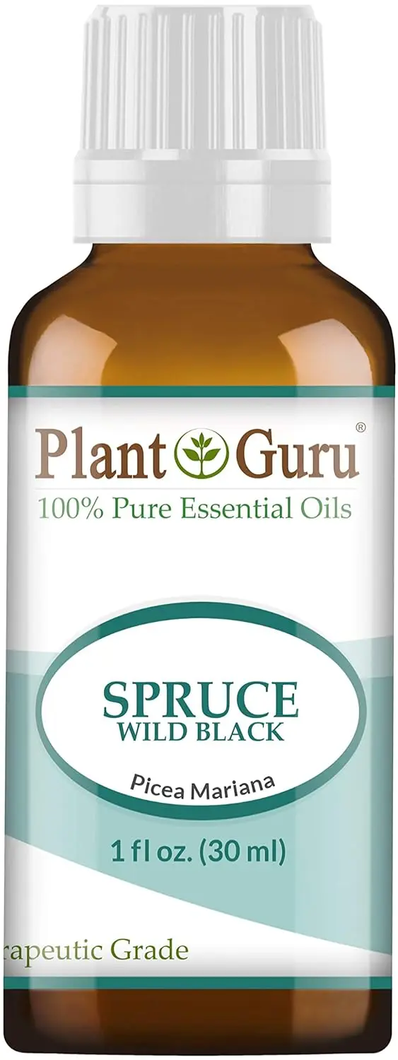 A one-ounce bottle of Plant Guru Wild Black Spruce Essential Oil, a 100% pure, undiluted therapeutic grade oil steam distilled from Picea Mariana.