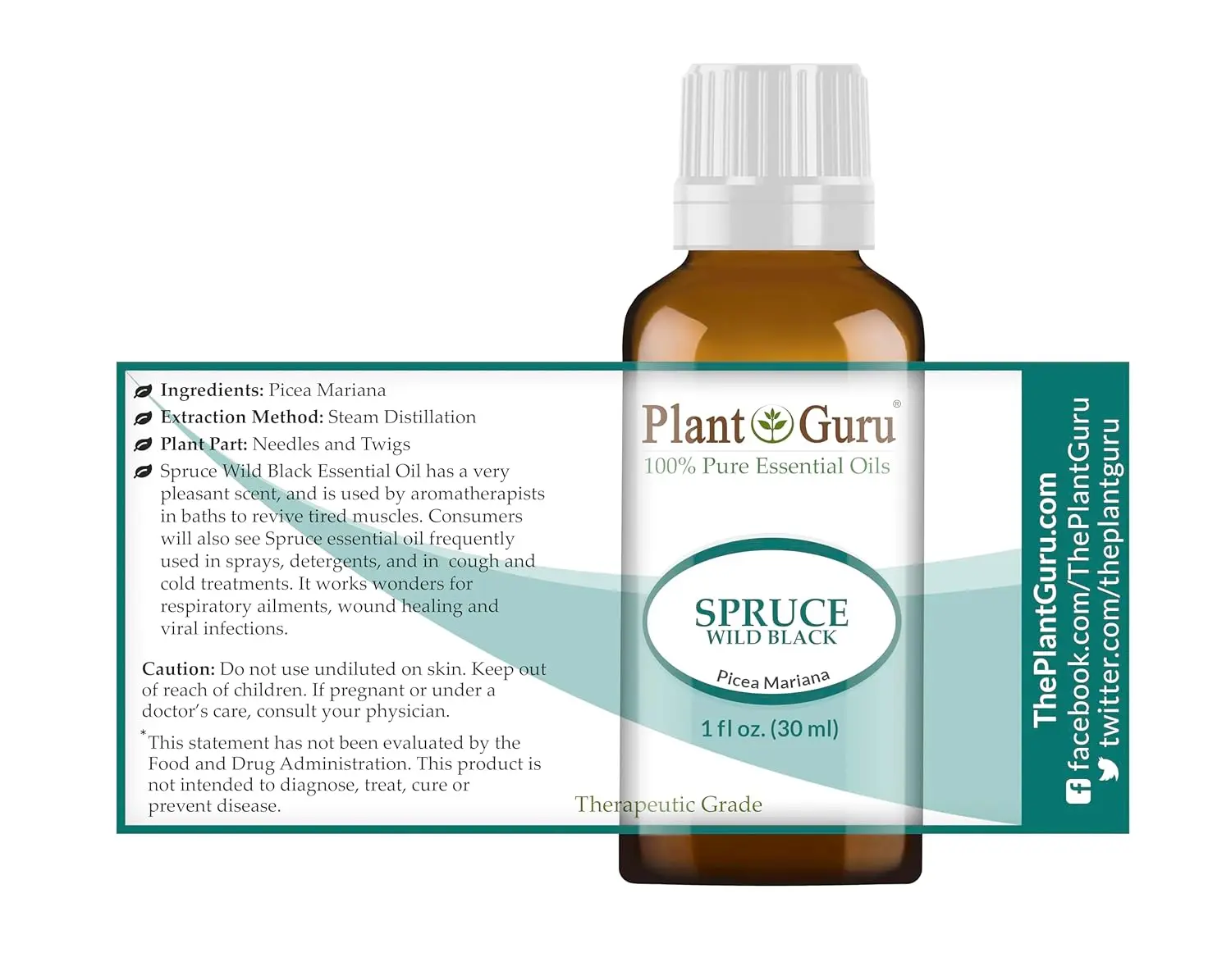 A one-ounce bottle of Plant Guru Wild Black Spruce Essential Oil, a 100% pure, undiluted therapeutic grade oil steam distilled from Picea Mariana.