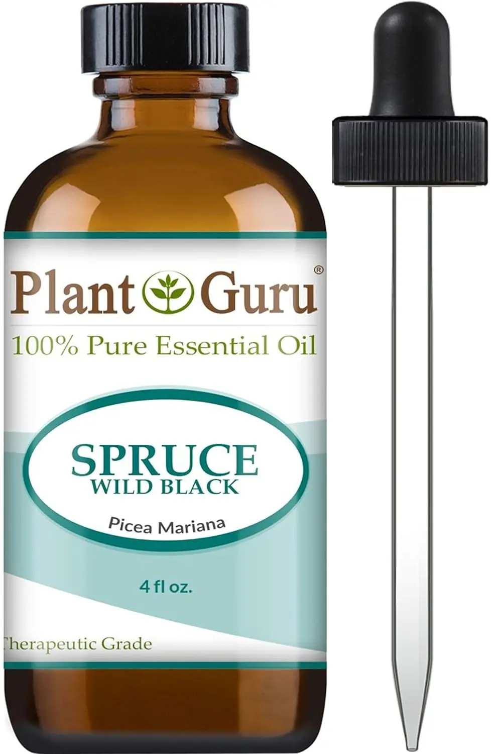 A one-ounce bottle of Plant Guru Wild Black Spruce Essential Oil, a 100% pure, undiluted therapeutic grade oil steam distilled from Picea Mariana.