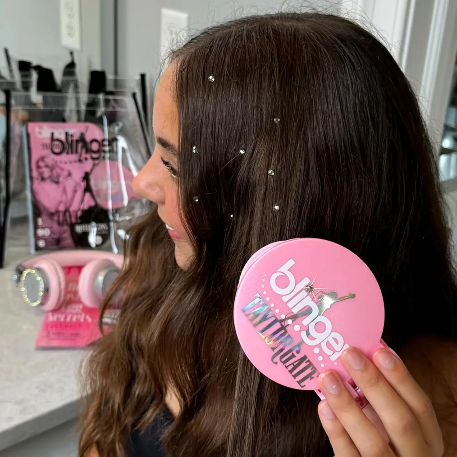 Five discs of Light Amethyst blinger Taylorgate refill crystals with hair-safe adhesive for use with the blinger styling tool.