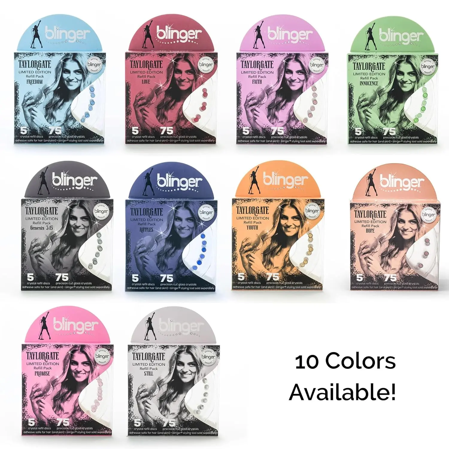 Five discs of Light Amethyst blinger Taylorgate refill crystals with hair-safe adhesive for use with the blinger styling tool.