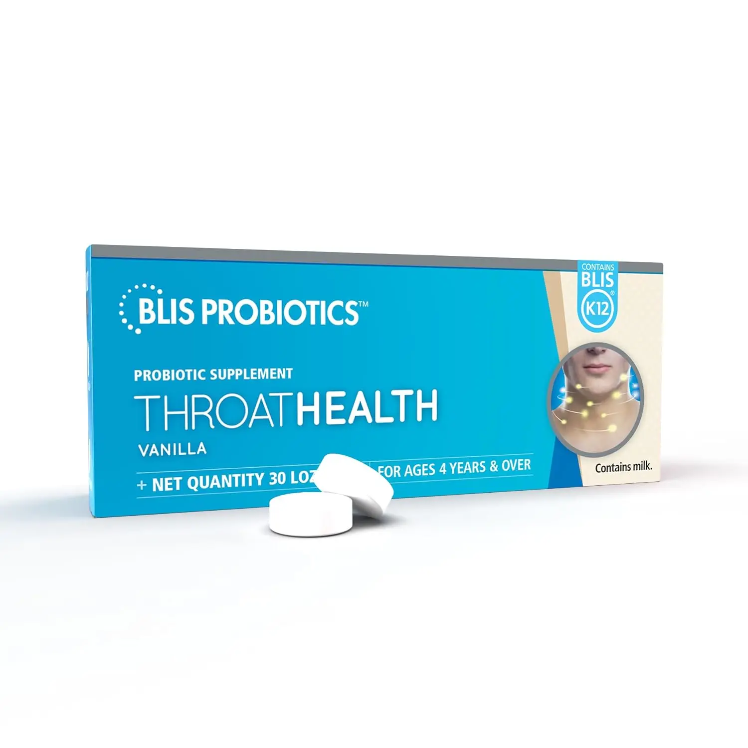 Blis ThroatHealth oral probiotic lozenges support throat immunity for adults and kids with a potent BLIS K12 formula, providing a 30-day supply.
