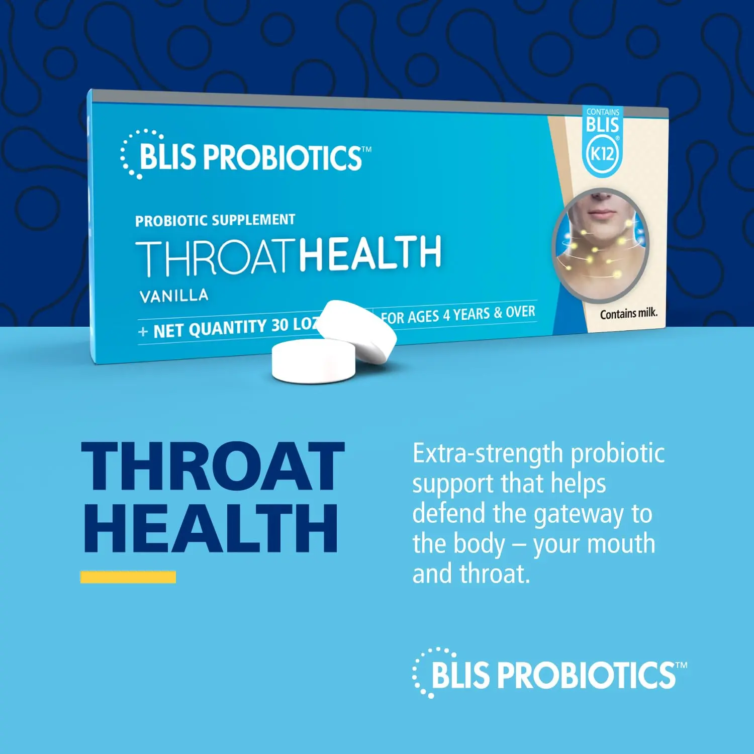 Blis ThroatHealth oral probiotic lozenges support throat immunity for adults and kids with a potent BLIS K12 formula, providing a 30-day supply.