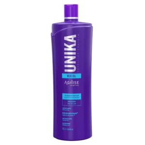 Agilise Unika Blue Gel vegan hair straightening treatment for blonde hair, featuring Ojon oil and violet pigment for anti-yellow effect, promotes healthy, smooth, and sleek hair.