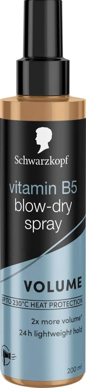 Schwarzkopf blow-dry hair spray with Vitamin B5 and Keratin protects against heat up to 100°C while adding volume, shine, and 24hr lightweight hold.