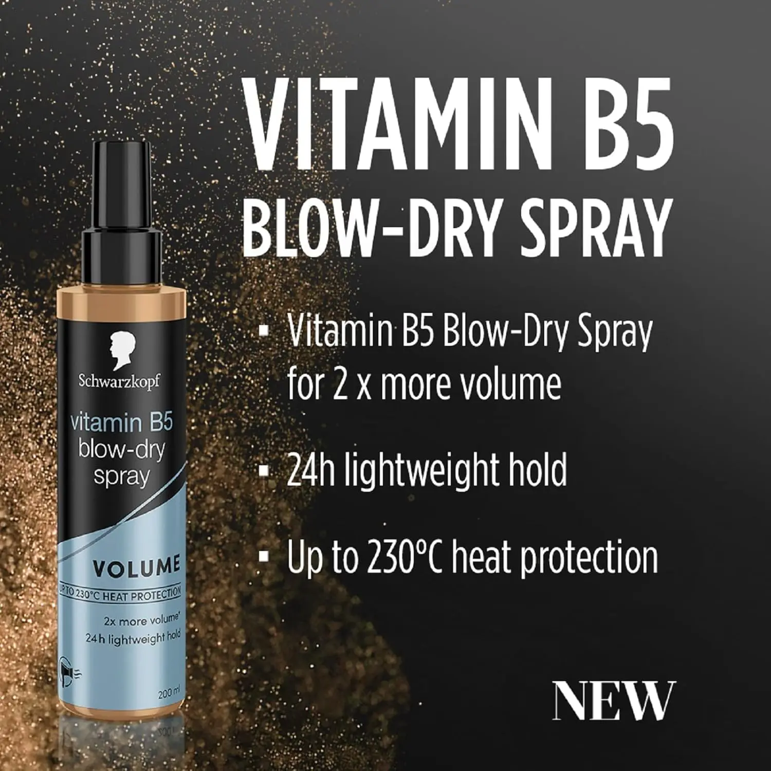 Schwarzkopf blow-dry hair spray with Vitamin B5 and Keratin protects against heat up to 100°C while adding volume, shine, and 24hr lightweight hold.