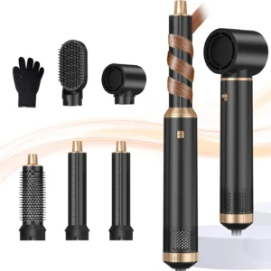 This 5-in-1 hot air brush styler and dryer set features magnetic hot air brushes and dual rotating air curler barrels for effortless styling, drying, straightening, and curling.