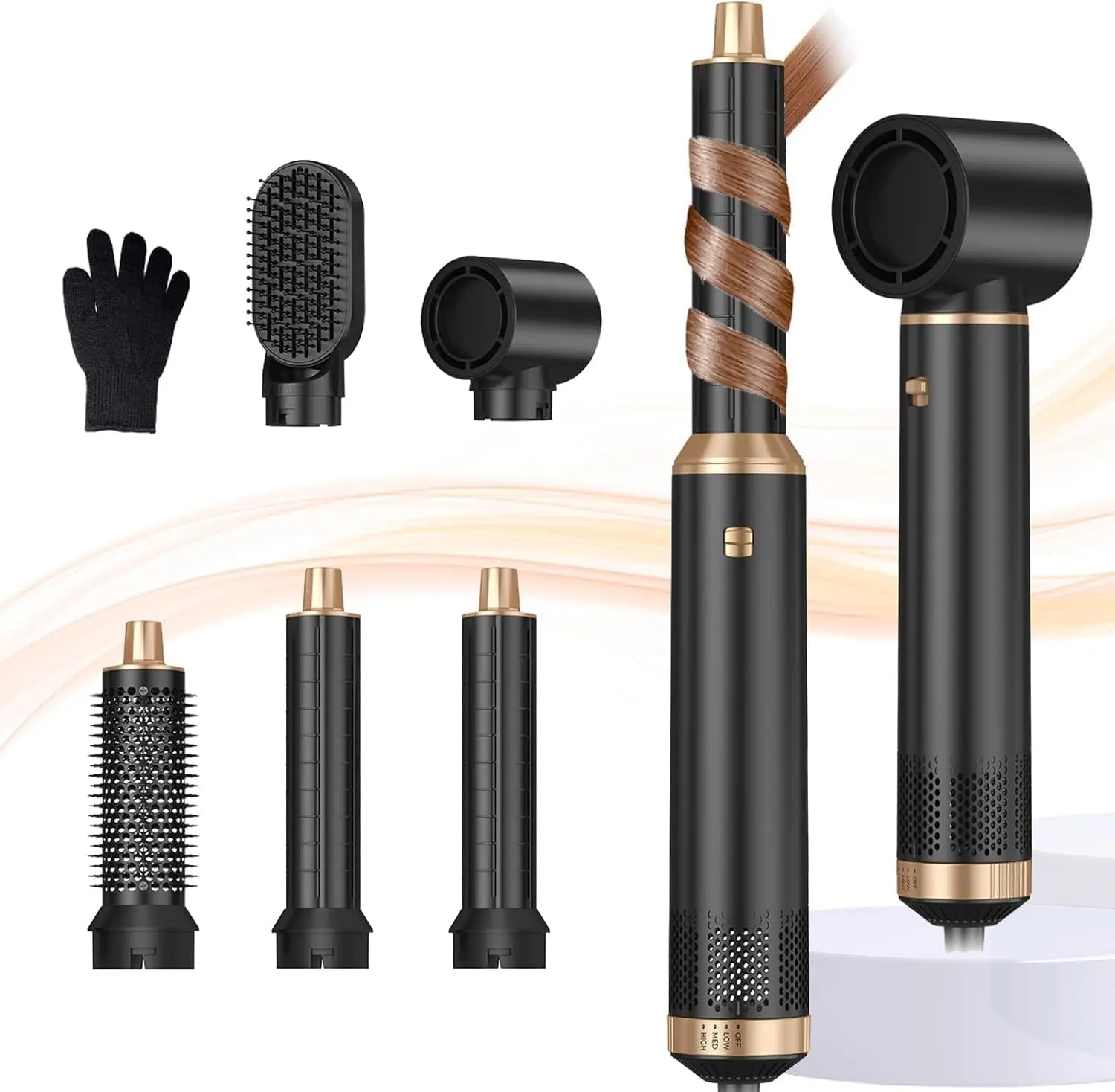 This 5-in-1 hot air brush styler and dryer set features magnetic hot air brushes and dual rotating air curler barrels for effortless styling, drying, straightening, and curling.