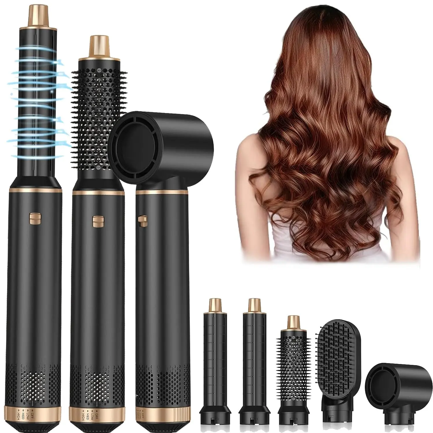 This 5 in 1 blow dryer brush set styles, curls, and volumizes all hair types with its hot air and negative ion technology.
