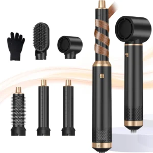This 5-in-1 hot air brush set includes a blow dryer brush, two magnetic hot air brushes, and rotating air curler barrels for effortless styling, straightening, curling, and volumizing all hair types.