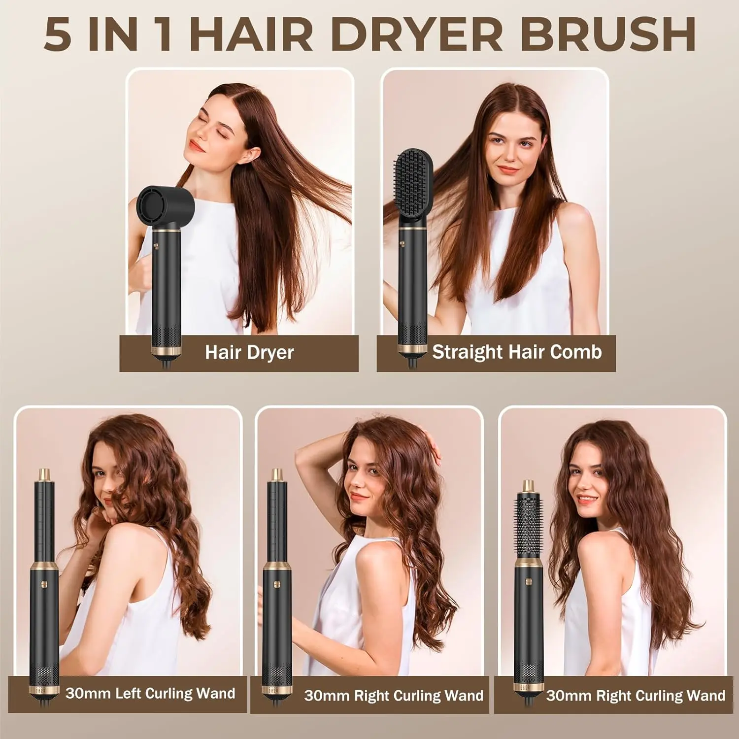 This 5-in-1 hot air brush set includes a blow dryer brush, two magnetic hot air brushes, and rotating air curler barrels for effortless styling, straightening, curling, and volumizing all hair types.