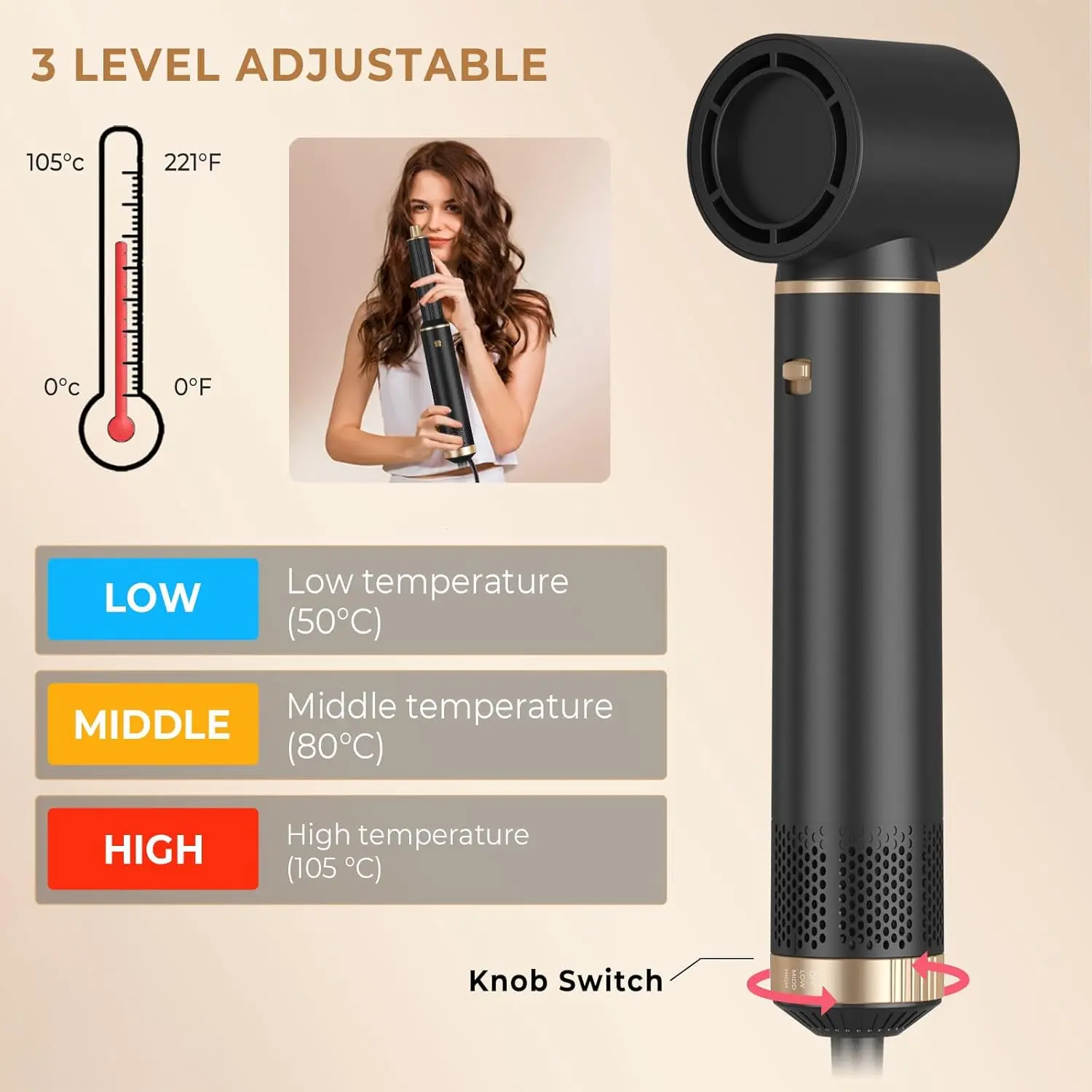 This 5-in-1 hot air brush set includes a blow dryer brush, two magnetic hot air brushes, and rotating air curler barrels for effortless styling, straightening, curling, and volumizing all hair types.