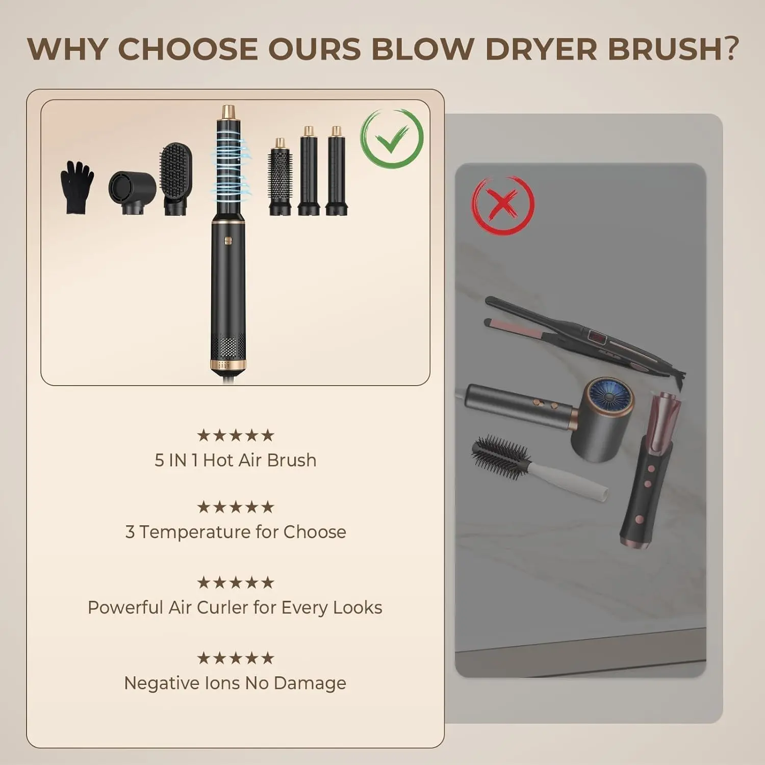 This 5 in 1 blow dryer brush set styles, curls, and volumizes all hair types with its hot air and negative ion technology.