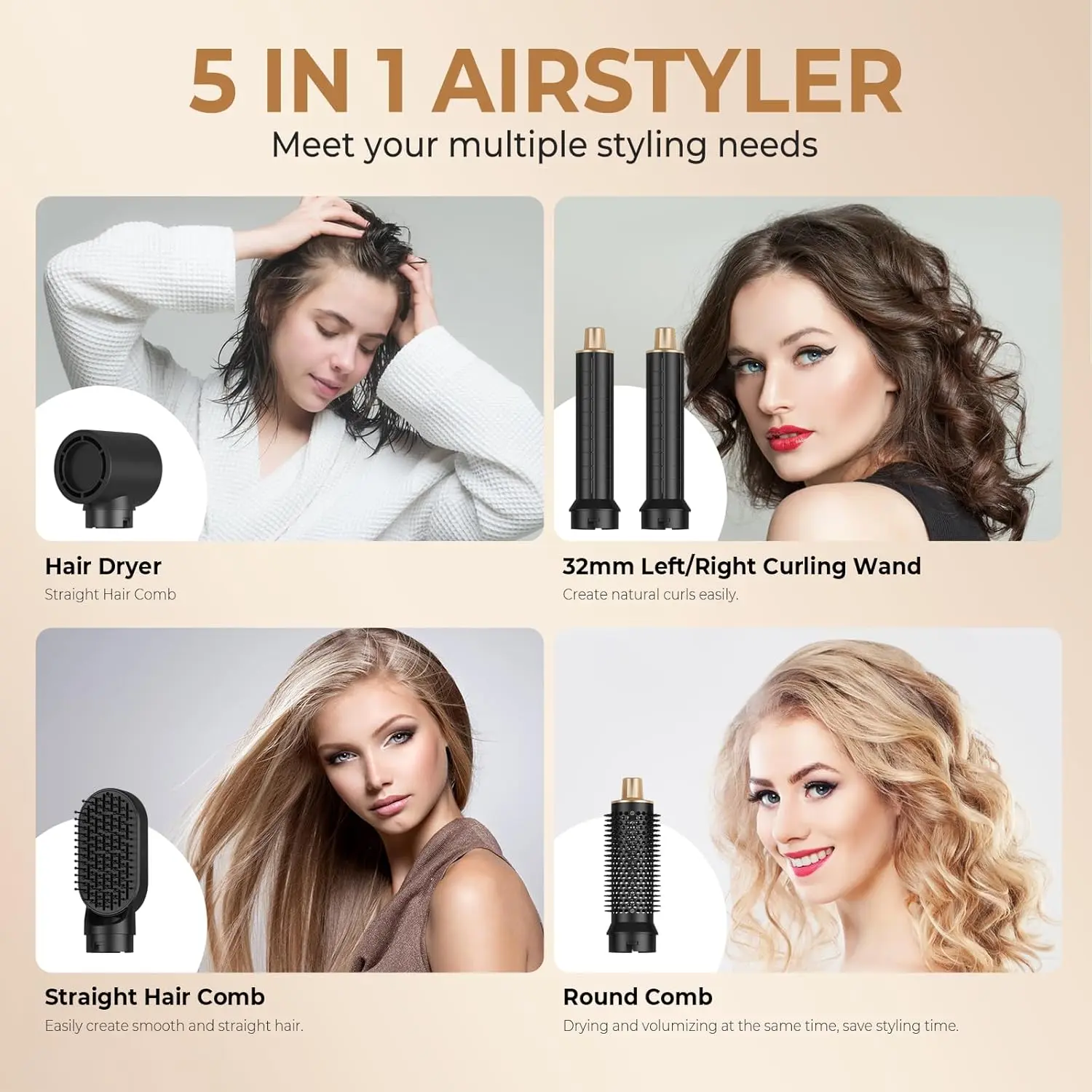 This 5-in-1 hot air brush set includes a blow dryer brush, two magnetic hot air brushes, and rotating air curler barrels for effortless styling, straightening, curling, and volumizing all hair types.