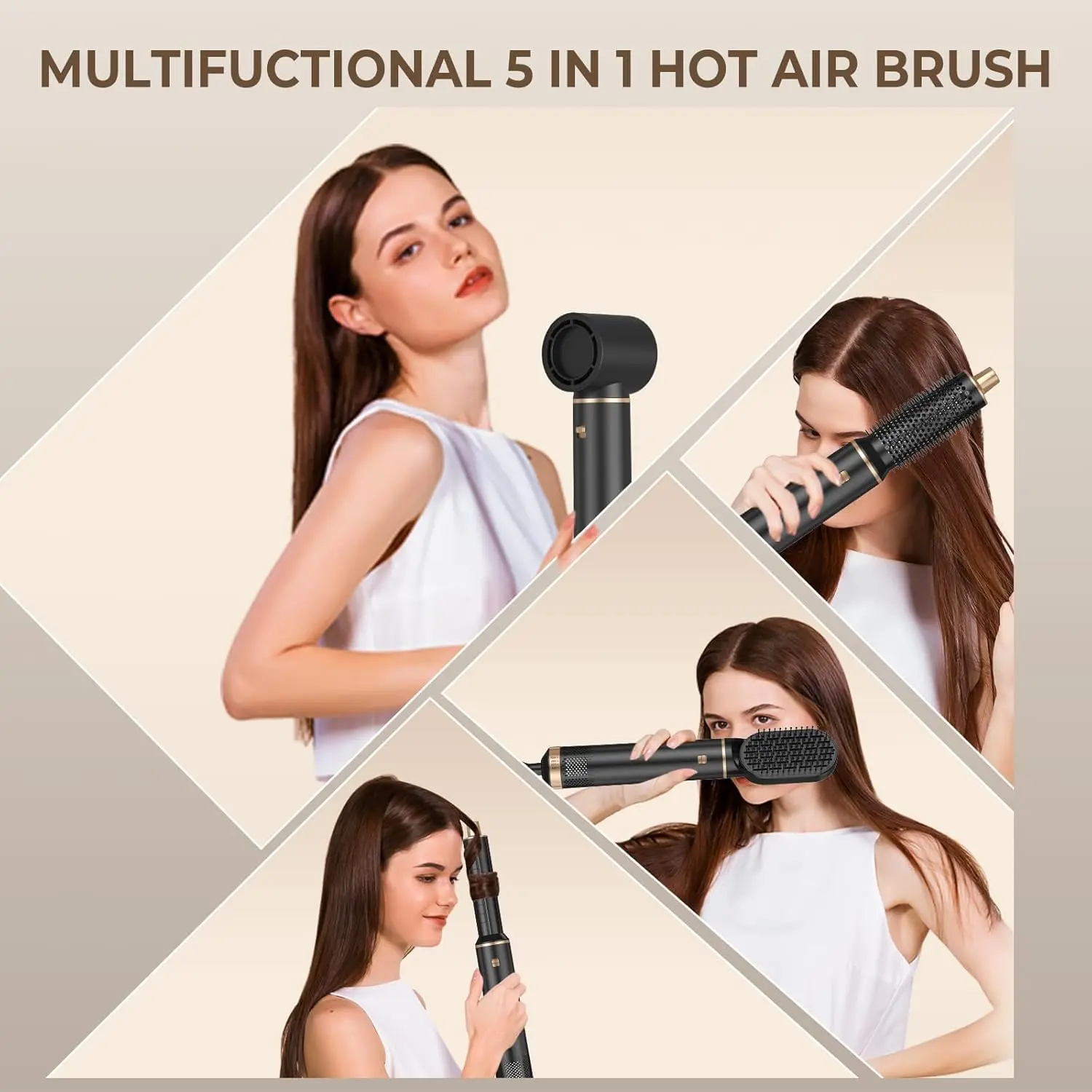 This 5 in 1 blow dryer brush set styles, curls, and volumizes all hair types with its hot air and negative ion technology.