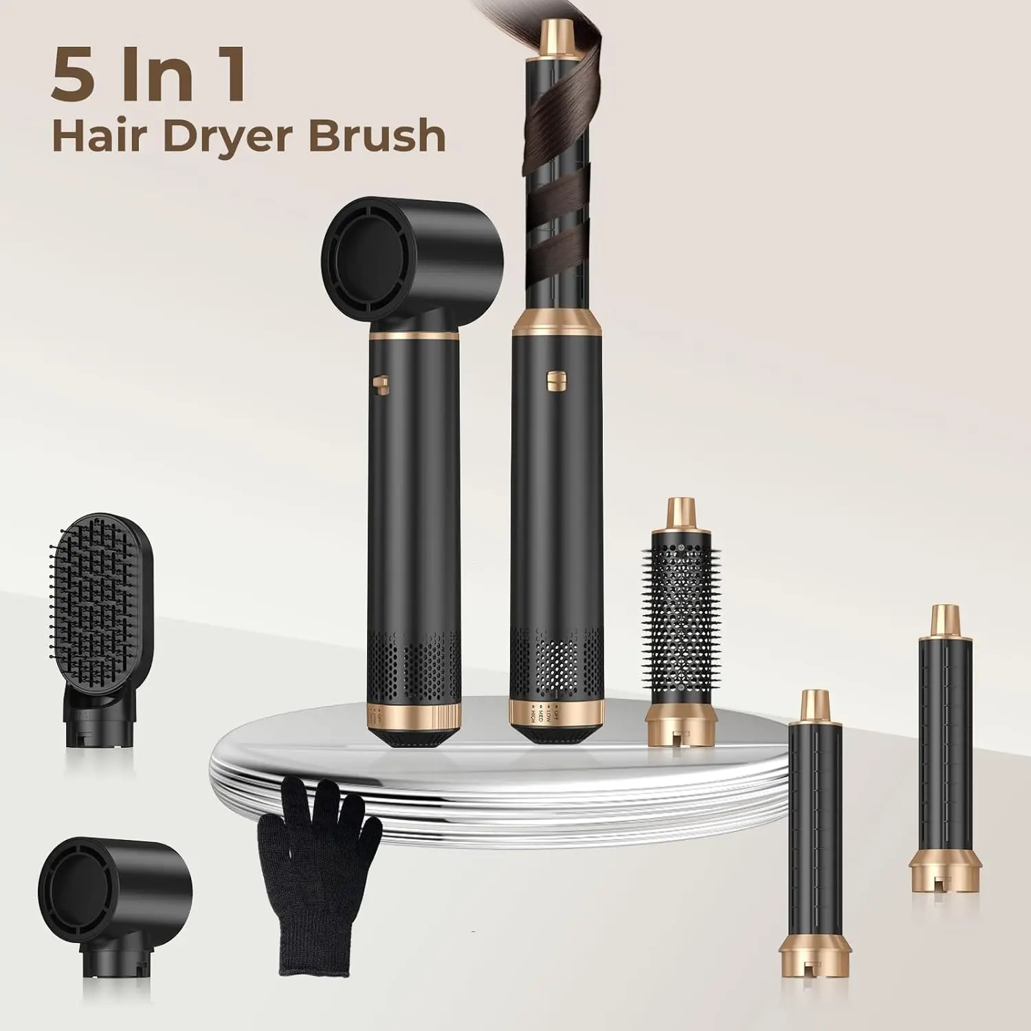This 5-in-1 hot air brush set includes a blow dryer brush, two magnetic hot air brushes, and rotating air curler barrels for effortless styling, straightening, curling, and volumizing all hair types.