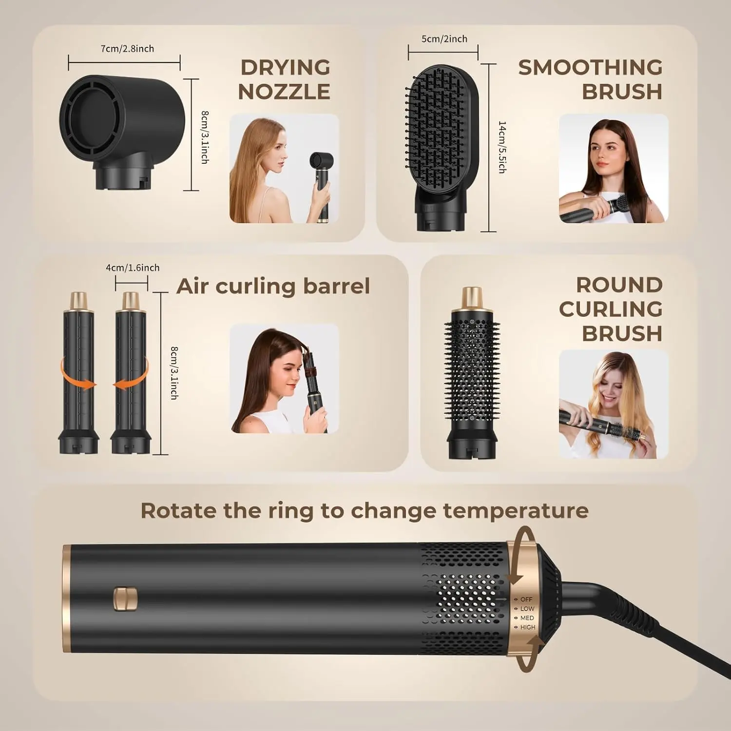 This 5 in 1 blow dryer brush set styles, curls, and volumizes all hair types with its hot air and negative ion technology.