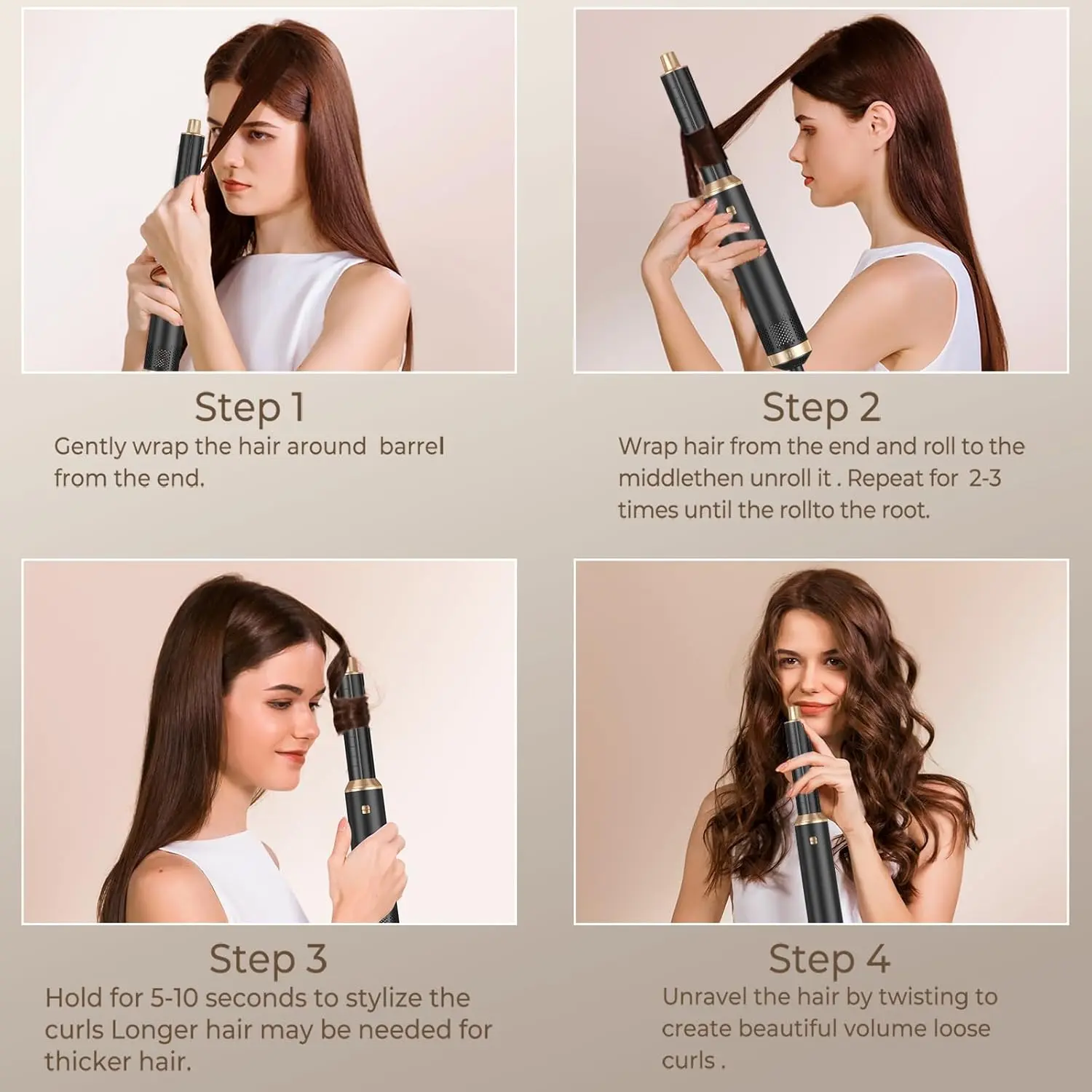 This 5-in-1 hot air brush set includes a blow dryer brush, two magnetic hot air brushes, and rotating air curler barrels for effortless styling, straightening, curling, and volumizing all hair types.