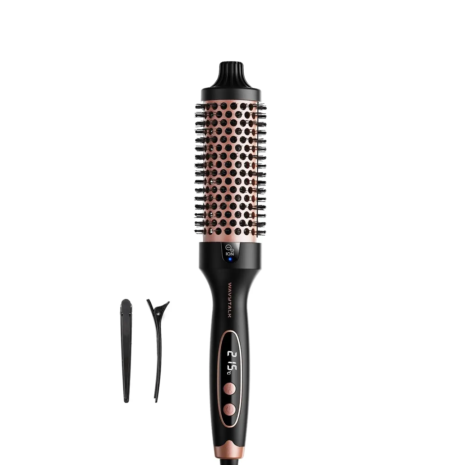 Wavytalk blowout brush with ionic technology creates voluminous curls and a salon-worthy blowout look with five temperature settings on a ceramic tourmaline barrel.