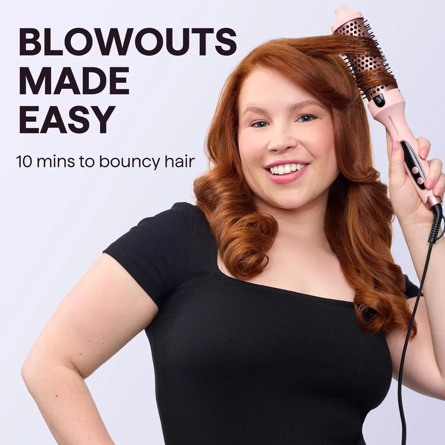 Wavytalk blowout brush with ionic technology creates voluminous curls and a salon-worthy blowout look with five temperature settings on a ceramic tourmaline barrel.
