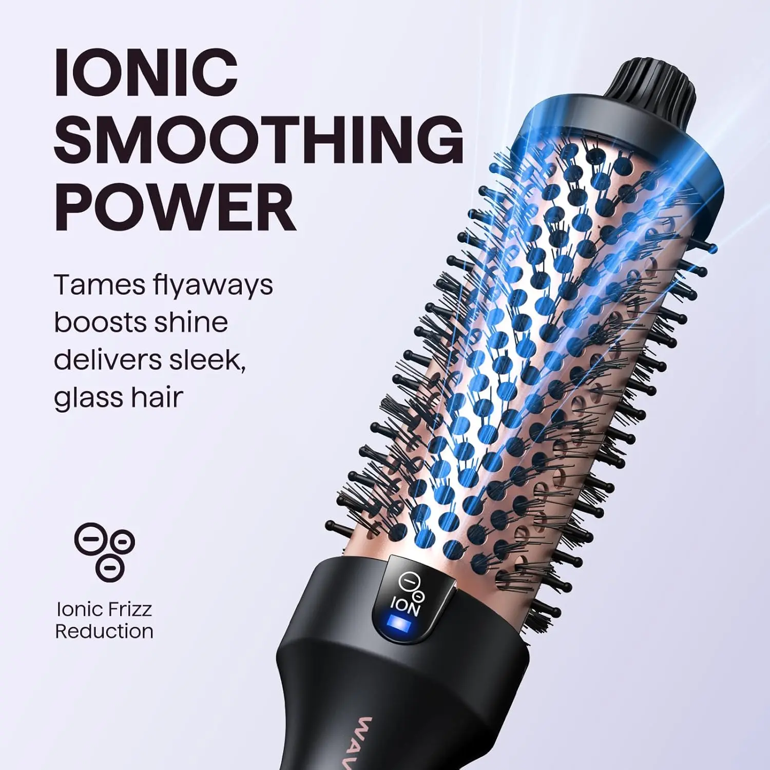 Wavytalk blowout brush with ionic technology creates voluminous curls and a salon-worthy blowout look with five temperature settings on a ceramic tourmaline barrel.