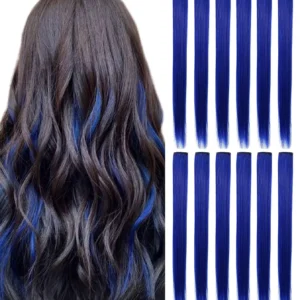 A set of 12 sapphire blue clip in hair extensions, perfect for adding fun, temporary highlights to any hairstyle.