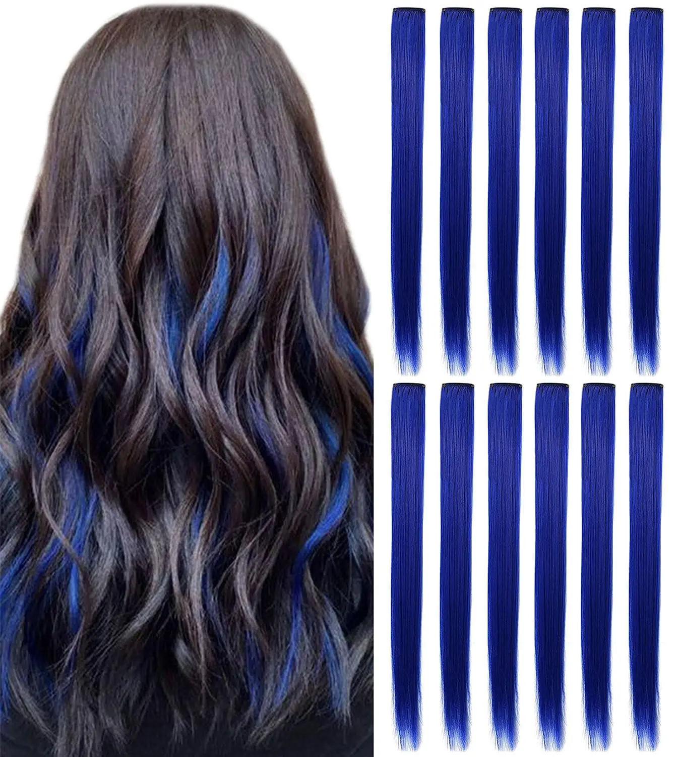 A set of 12 sapphire blue clip in hair extensions, perfect for adding fun, temporary highlights to any hairstyle.