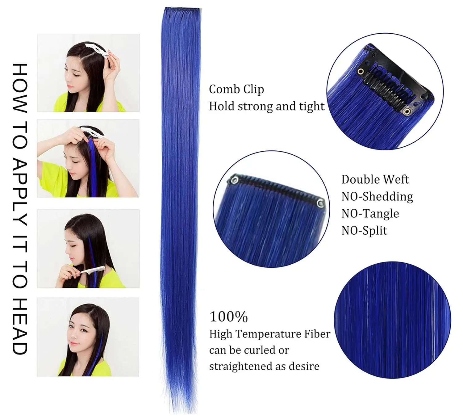 A set of 12 sapphire blue clip in hair extensions, perfect for adding fun, temporary highlights to any hairstyle.