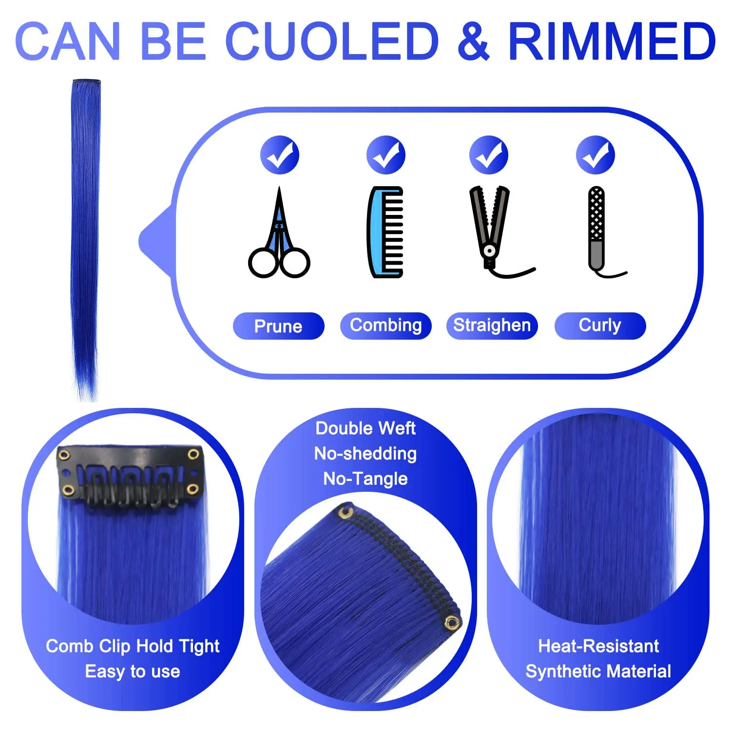 A set of 12 sapphire blue clip in hair extensions, perfect for adding fun, temporary highlights to any hairstyle.