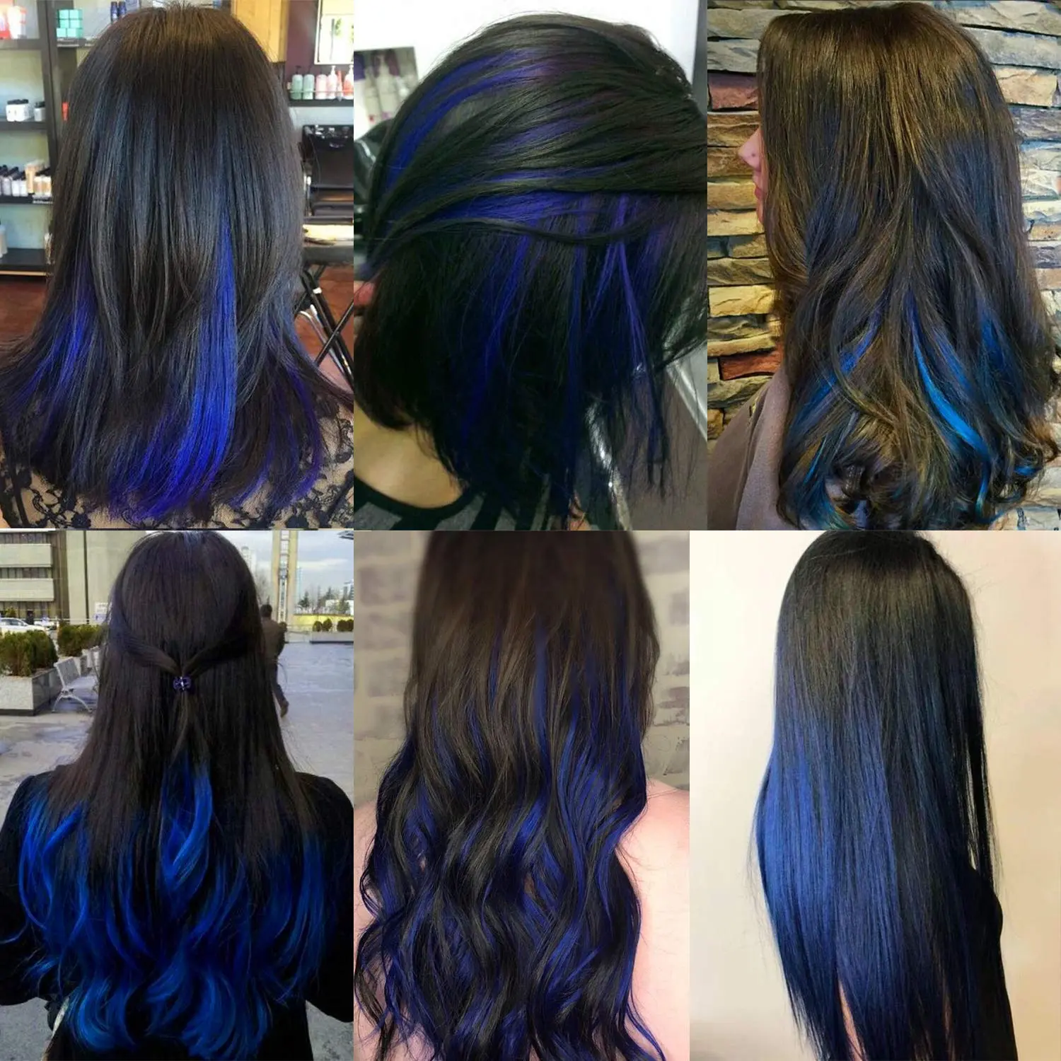 A set of 12 sapphire blue clip in hair extensions, perfect for adding fun, temporary highlights to any hairstyle.