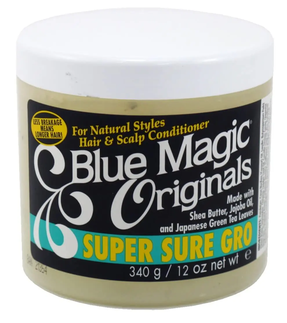 Two jars of Blue Magic Super Sure Gro hair cream with shea butter and jojoba oil, formulated to promote healthy hair growth, repair split ends and prevent breakage.