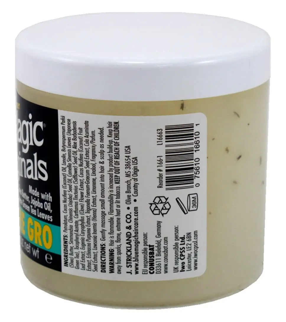 Two jars of Blue Magic Super Sure Gro hair cream with shea butter and jojoba oil, formulated to promote healthy hair growth, repair split ends and prevent breakage.
