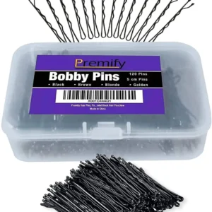 This image shows a pack of 120 black bobby pins, perfect for creating buns and various hairstyles, offering a strong and secure hold for women and bridal looks.