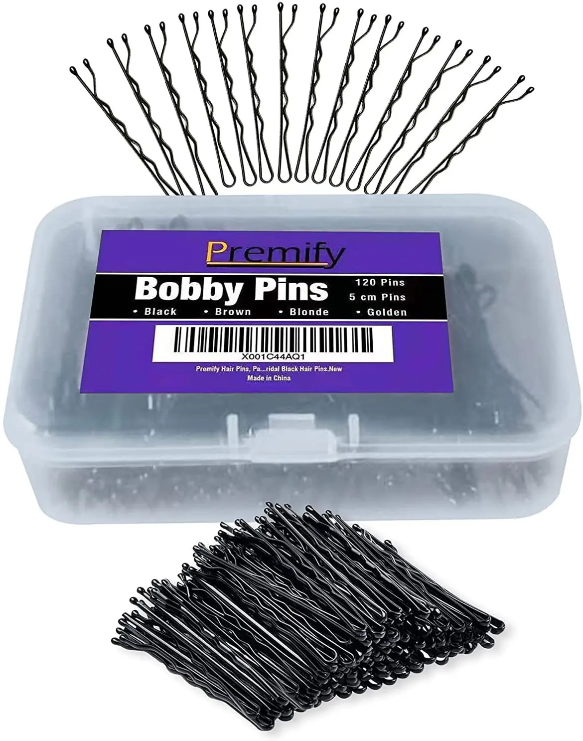 This image shows a pack of 120 black bobby pins, perfect for creating buns and various hairstyles, offering a strong and secure hold for women and bridal looks.
