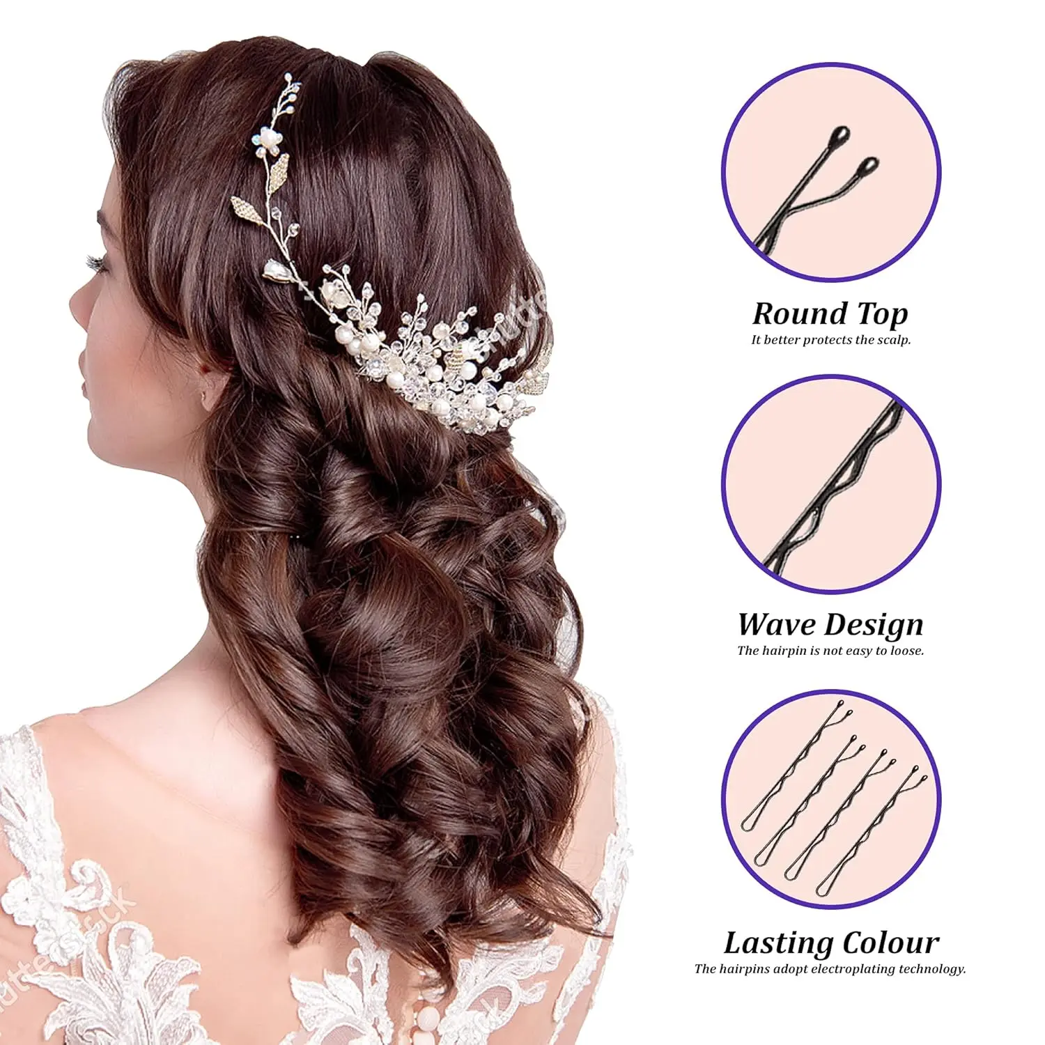 This image shows a pack of 120 black bobby pins, perfect for creating buns and various hairstyles, offering a strong and secure hold for women and bridal looks.