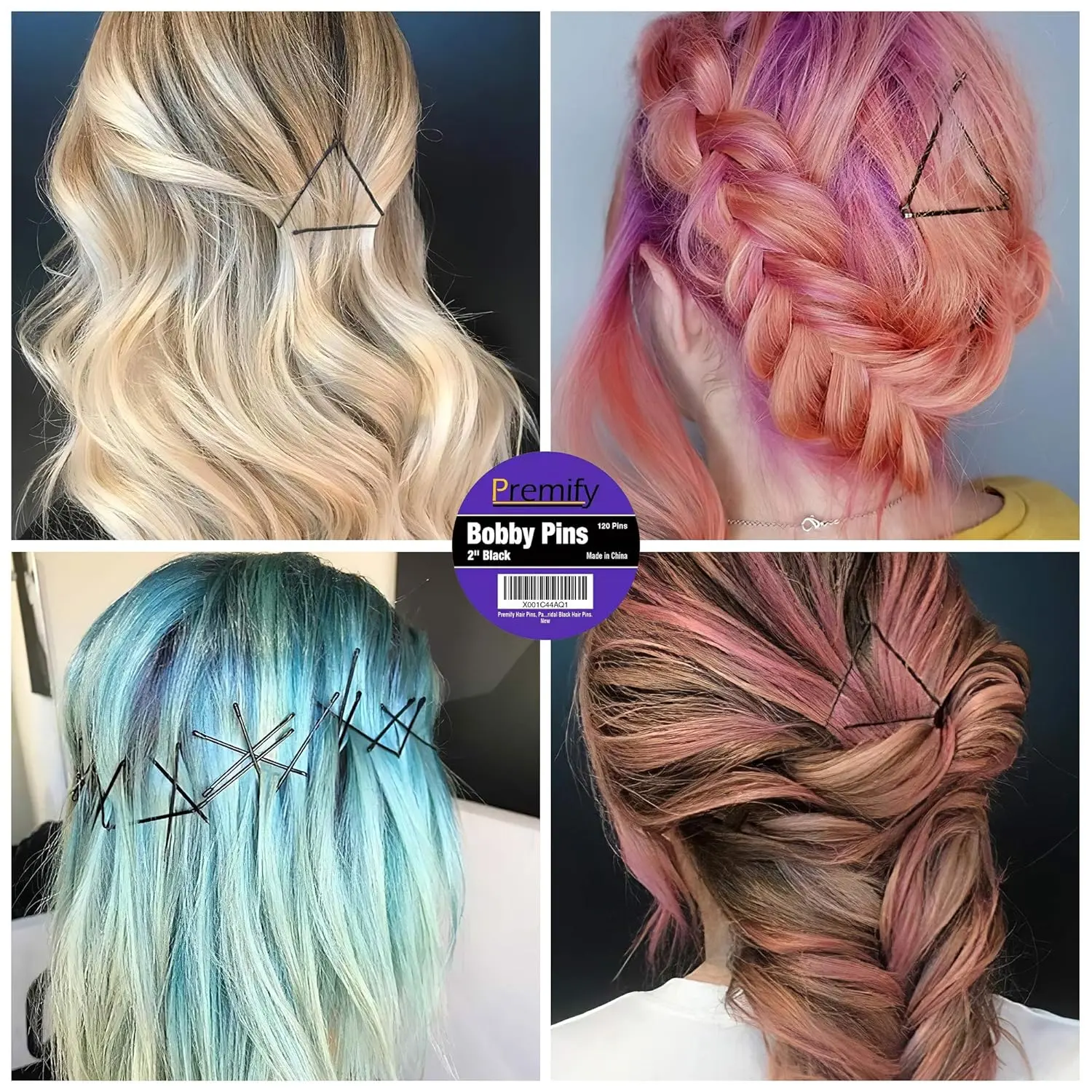 This image shows a pack of 120 black bobby pins, perfect for creating buns and various hairstyles, offering a strong and secure hold for women and bridal looks.