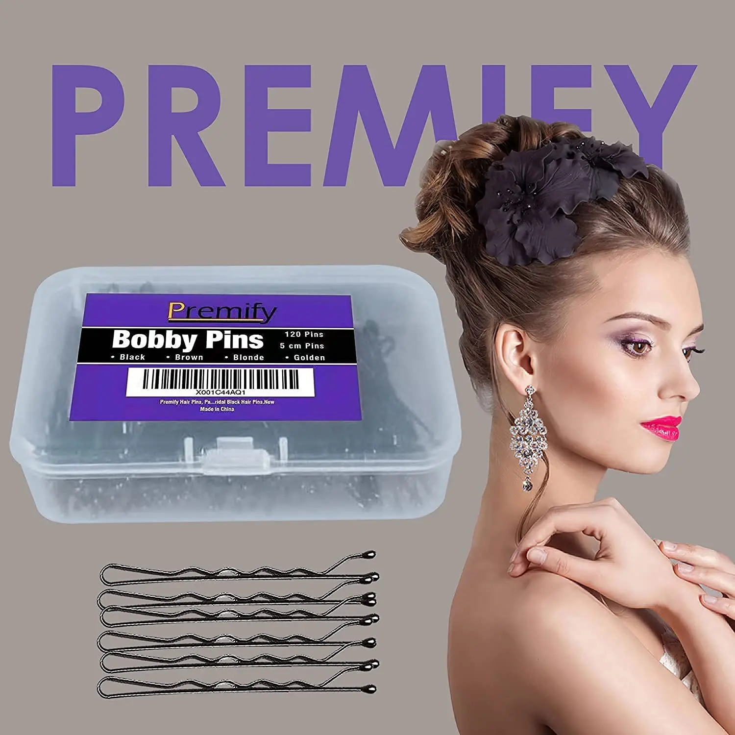 This image shows a pack of 120 black bobby pins, perfect for creating buns and various hairstyles, offering a strong and secure hold for women and bridal looks.