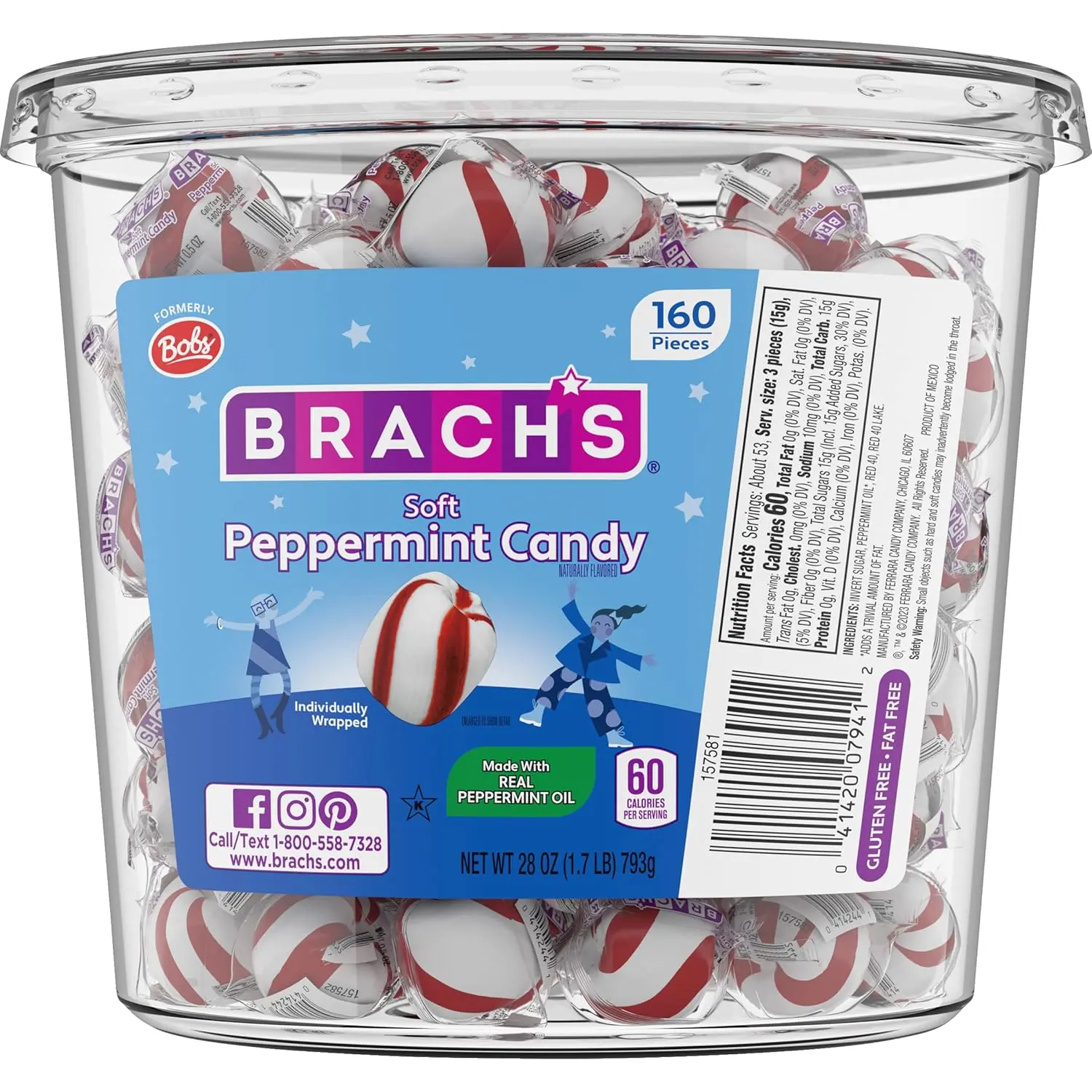 Jar of Bob's Sweet Stripes soft peppermint candy, a classic individually wrapped mint treat with a sweet peppermint flavor and only 60 calories per serving.