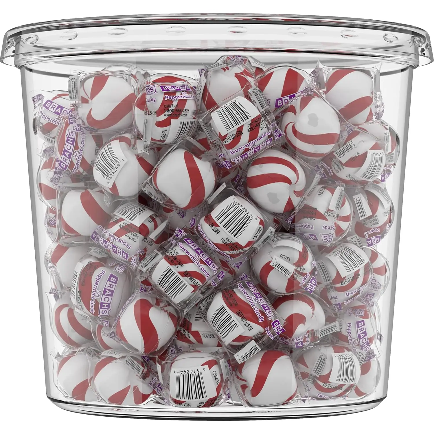 Jar of Bob's Sweet Stripes soft peppermint candy, a classic individually wrapped mint treat with a sweet peppermint flavor and only 60 calories per serving.