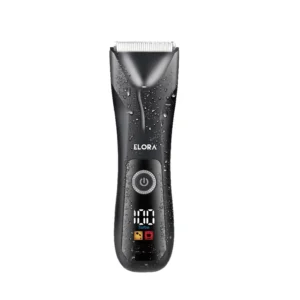 The ELORA body hair trimmer for men features skin-safe ceramic blades, a digital LED display, and is cordless and USB rechargeable for full body grooming, including beard, chest, and groin hair.