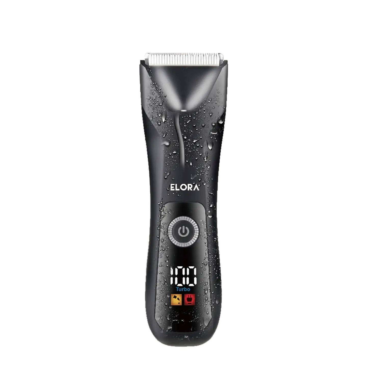 The ELORA body hair trimmer for men features skin-safe ceramic blades, a digital LED display, and is cordless and USB rechargeable for full body grooming, including beard, chest, and groin hair.