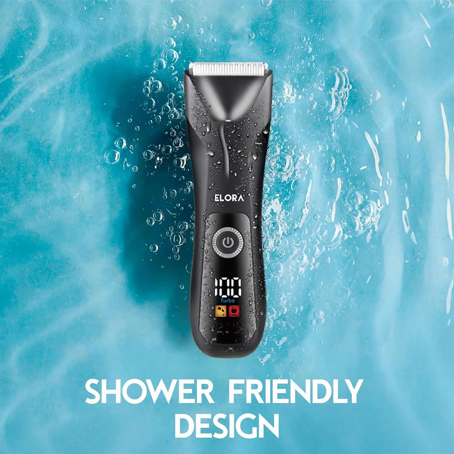 The ELORA body hair trimmer for men features skin-safe ceramic blades, a digital LED display, and is cordless and USB rechargeable for full body grooming, including beard, chest, and groin hair.