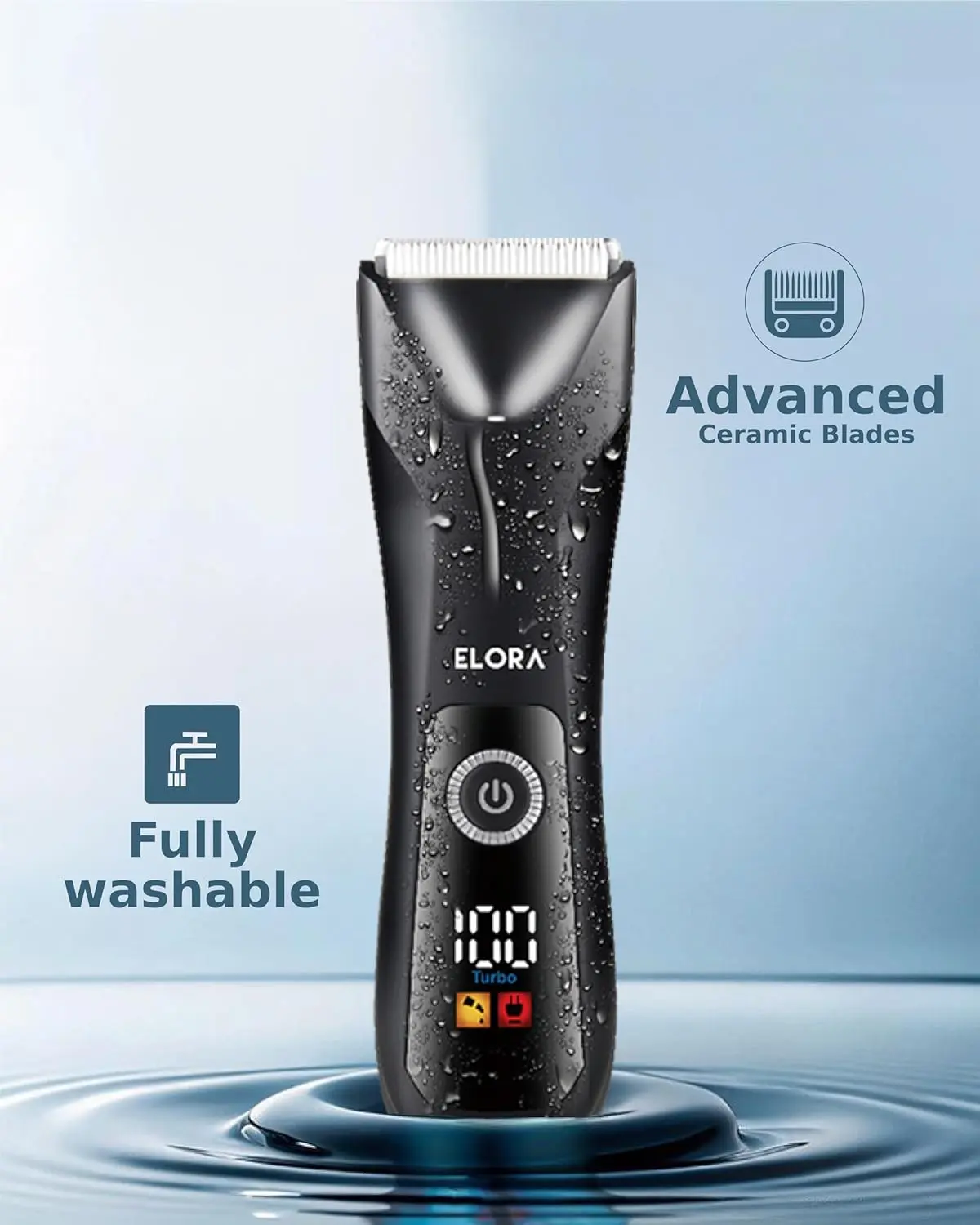 The ELORA body hair trimmer for men features skin-safe ceramic blades, a digital LED display, and is cordless and USB rechargeable for full body grooming, including beard, chest, and groin hair.