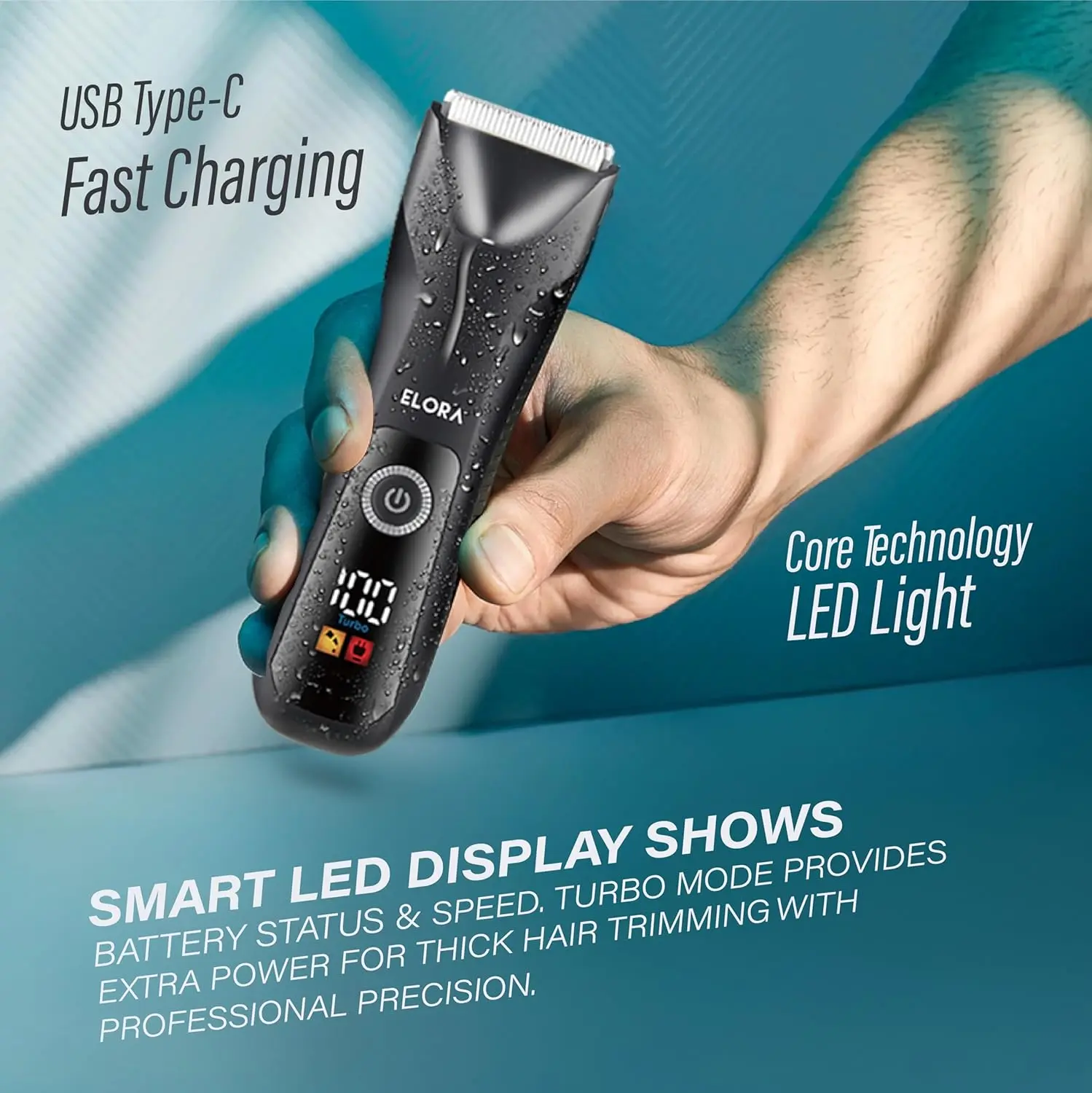 The ELORA body hair trimmer for men features skin-safe ceramic blades, a digital LED display, and is cordless and USB rechargeable for full body grooming, including beard, chest, and groin hair.